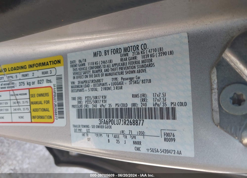 2018 FORD FUSION HYBRID SE VIN: 3FA6P0LU7JR268877
