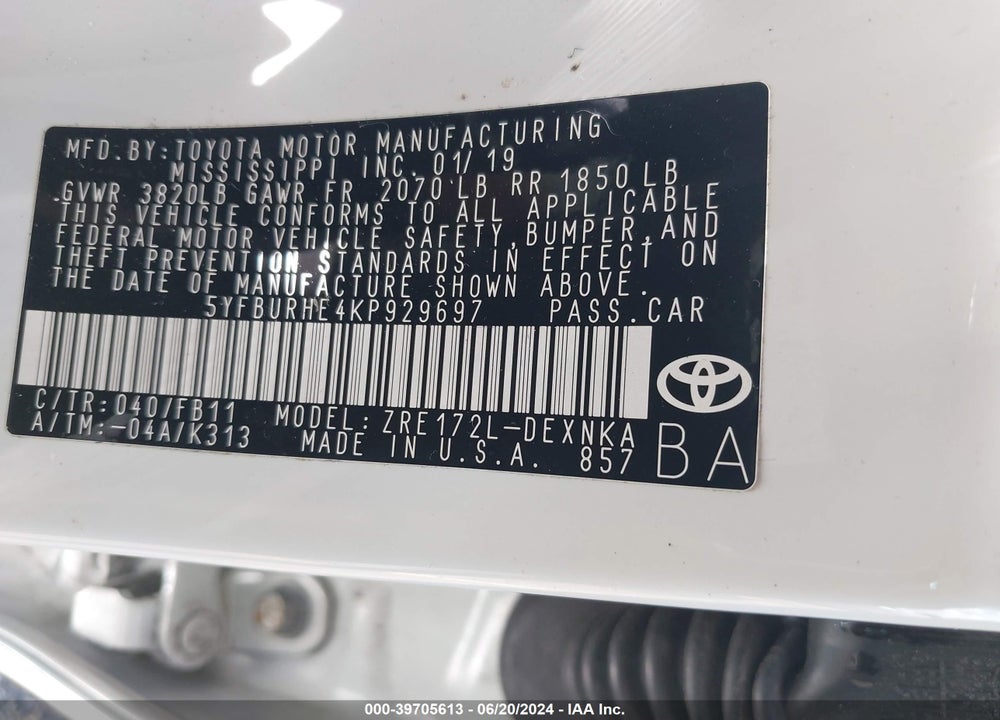2019 TOYOTA COROLLA VIN: 5YFBURHE4KP929697