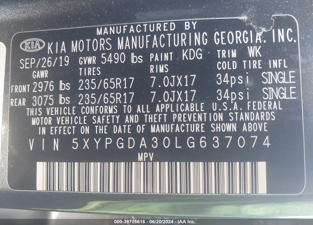 2020 KIA SORENTO 2.4L LX VIN: 5XYPGDA30LG637074