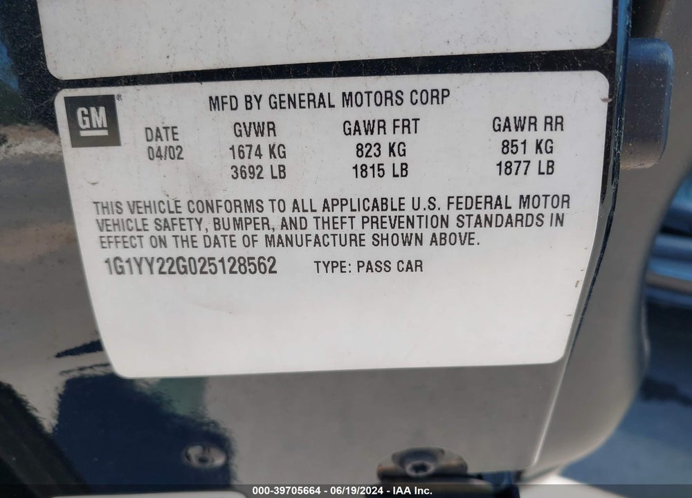 2002 CHEVROLET CORVETTE VIN: 1G1YY22G025128562
