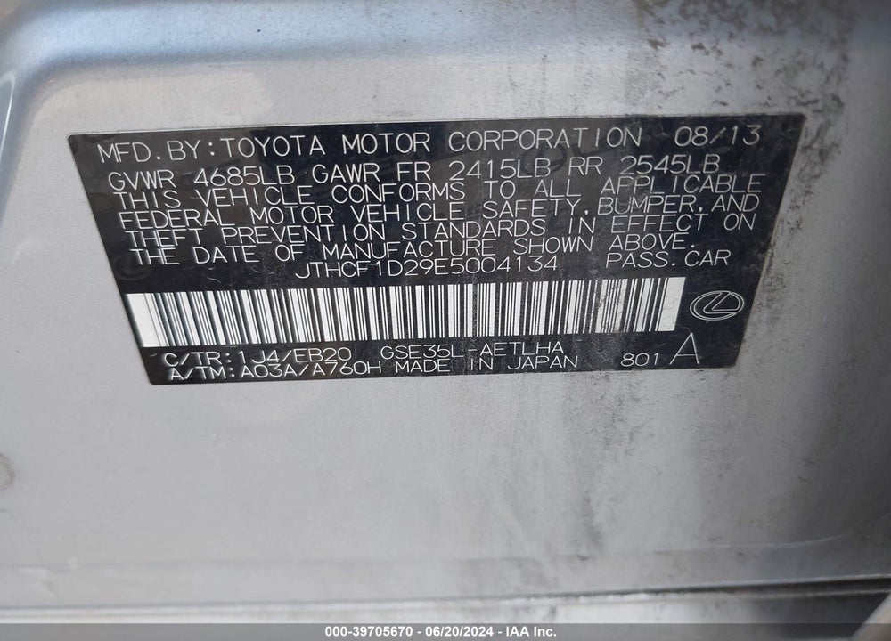 2014 LEXUS IS 250 VIN: JTHCF1D29E5004134