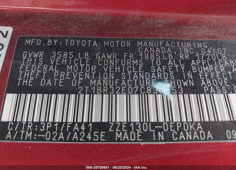 2007 TOYOTA COROLLA CE VIN: 2T1BR32E07C835153