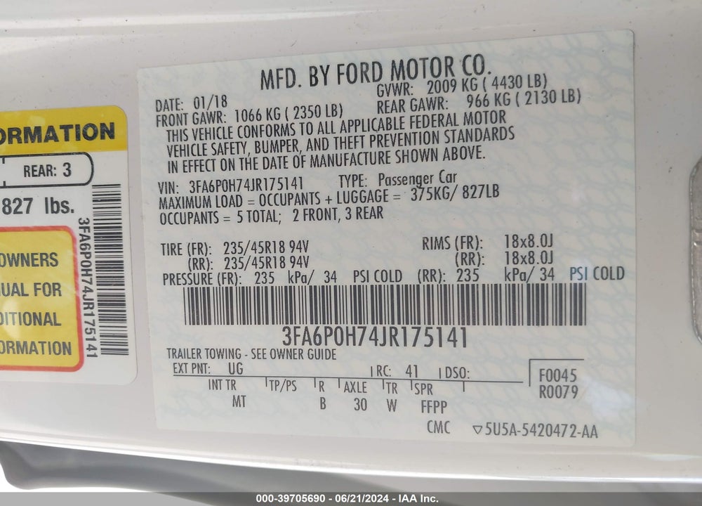 2018 FORD FUSION SE VIN: 3FA6P0H74JR175141
