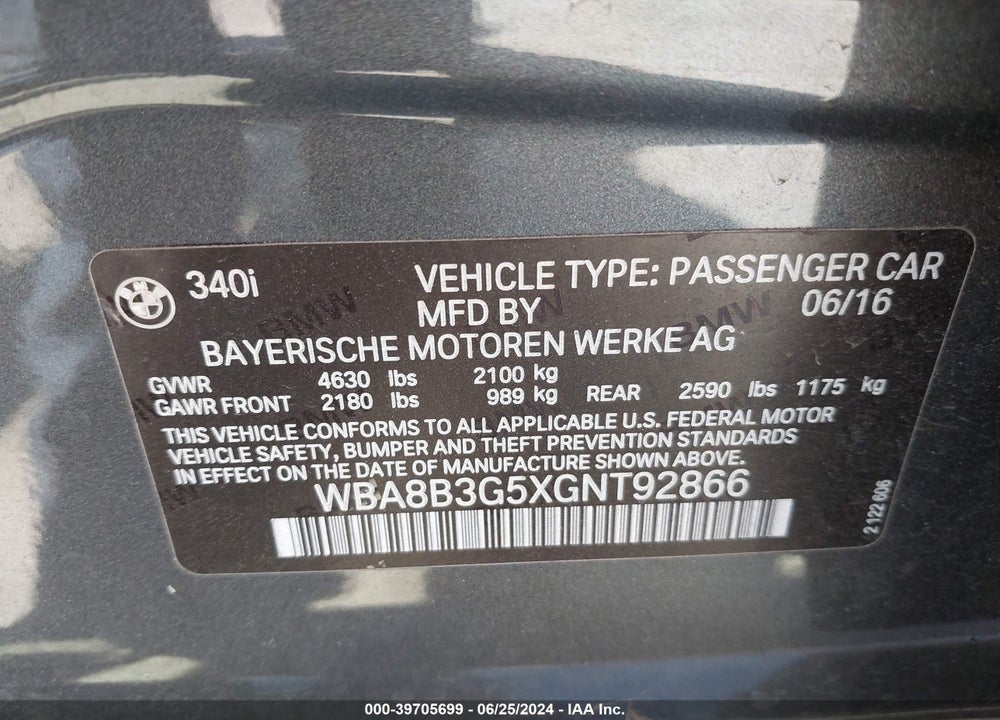 2016 BMW 340I VIN: WBA8B3G5XGNT92866