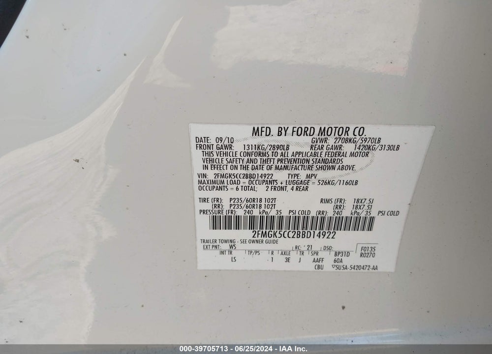 2011 FORD FLEX SEL VIN: 2FMGK5CC2BBD14922