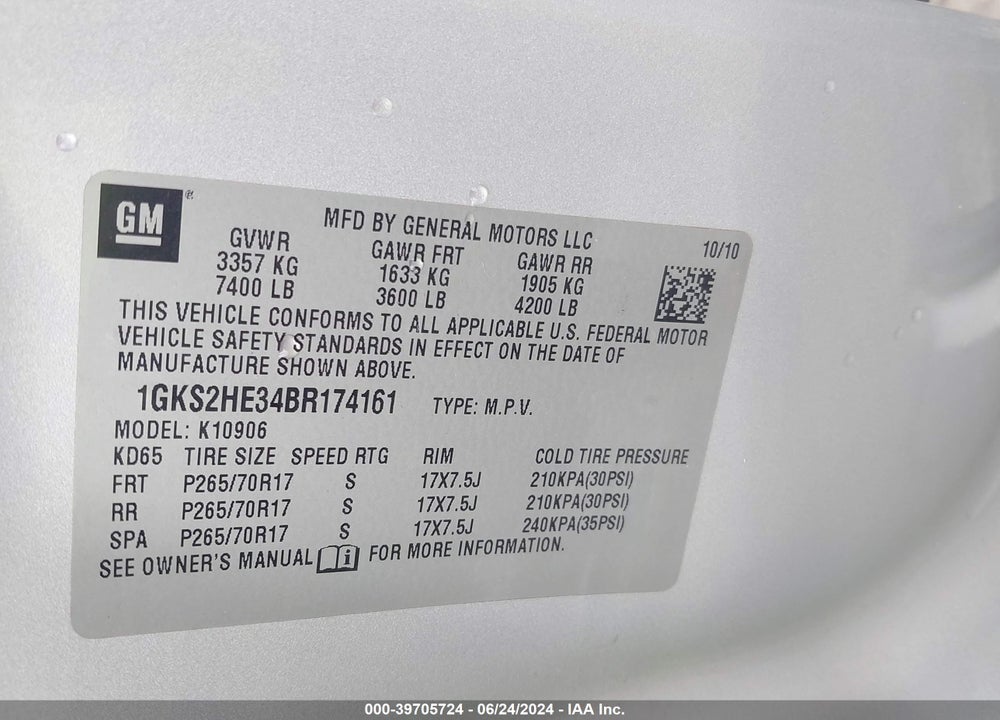 2011 GMC YUKON XL 1500 VIN: 1GKS2HE34BR174161