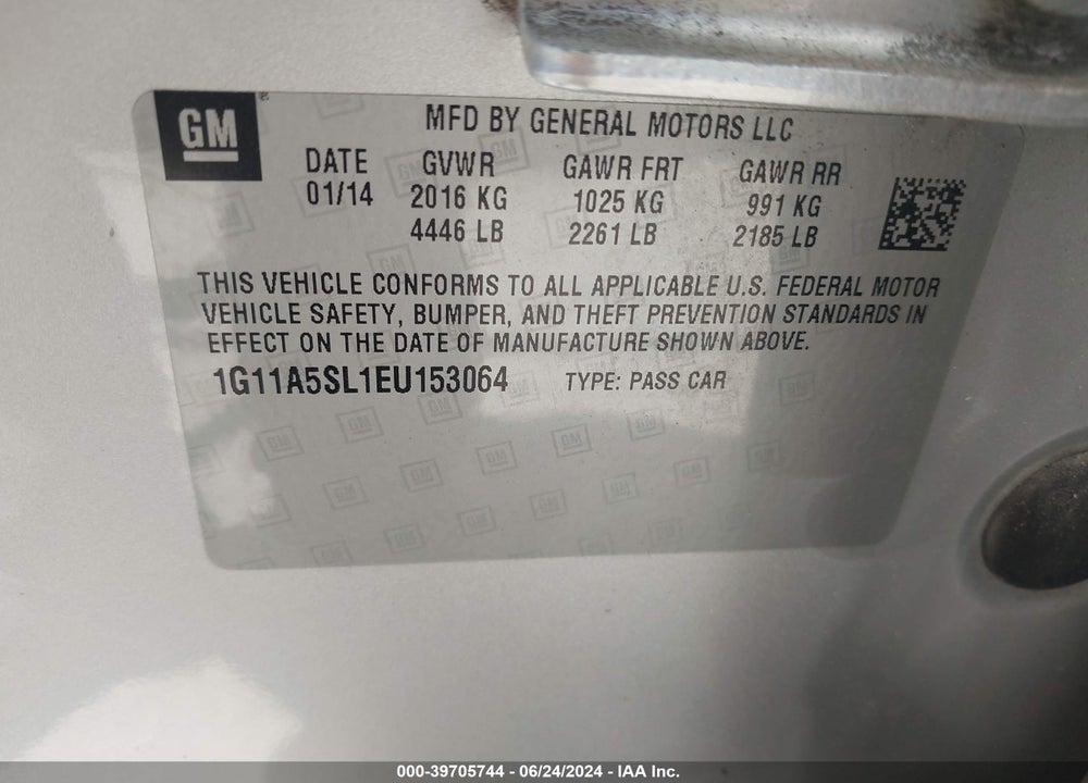 2014 CHEVROLET MALIBU 1FL VIN: 1G11A5SL1EU153064