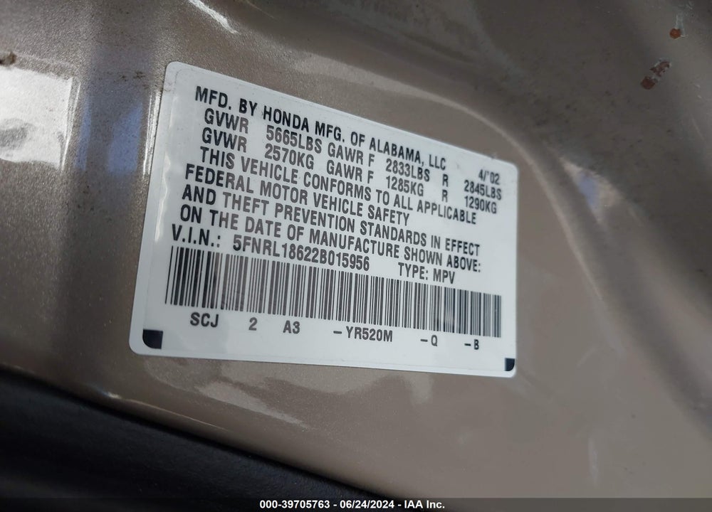 2002 HONDA ODYSSEY EX VIN: 5FNRL18622B015956