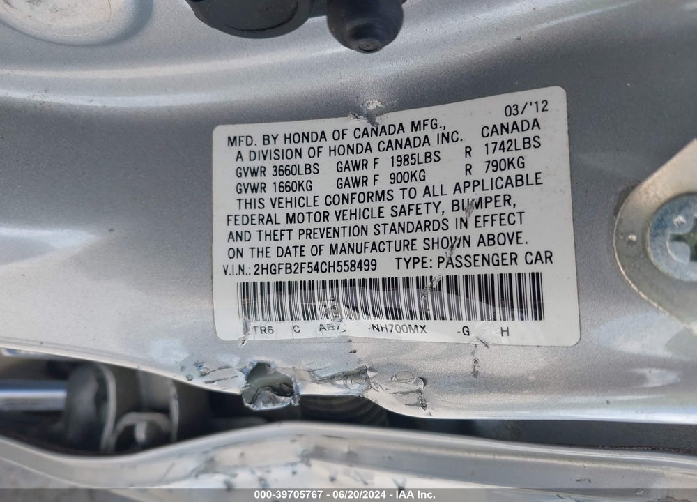 2012 HONDA CIVIC VIN: 2HGFB2F54CH558499