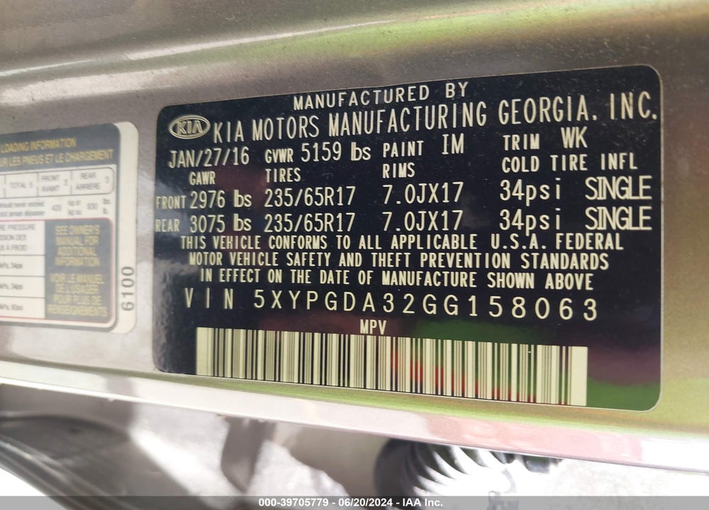 2016 KIA SORENTO 2.4L LX VIN: 5XYPGDA32GG158063