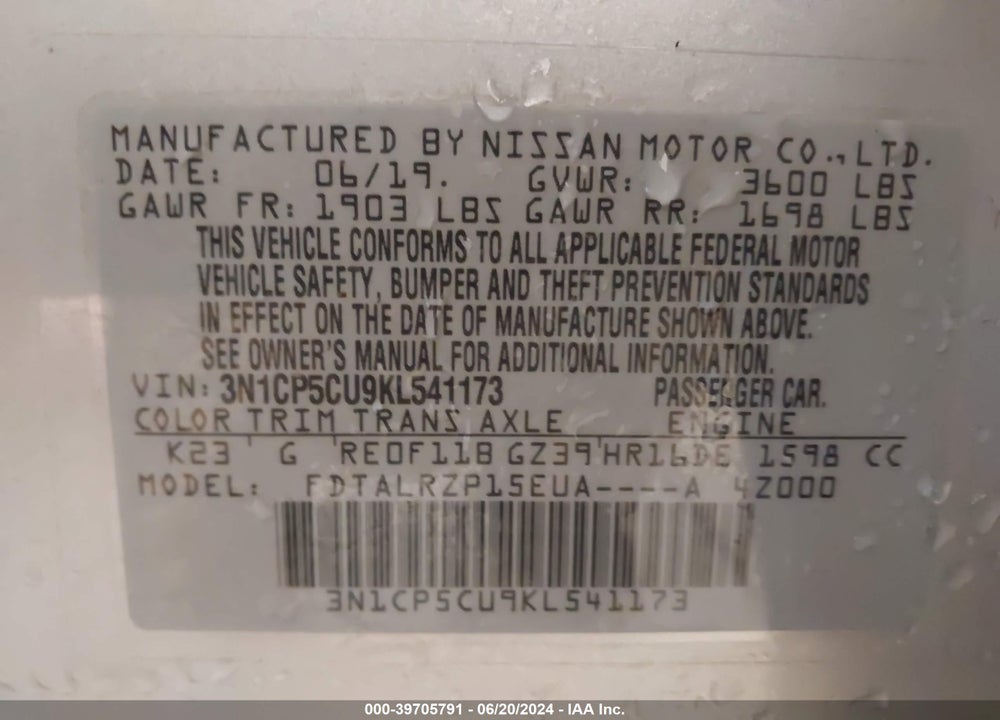 2019 NISSAN KICKS S VIN: 3N1CP5CU9KL541173