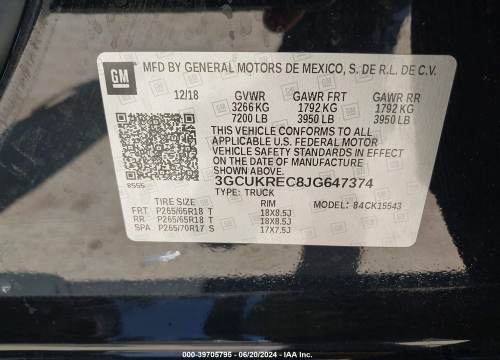 2018 CHEVROLET SILVERADO 1500 2LT VIN: 3GCUKREC8JG647374