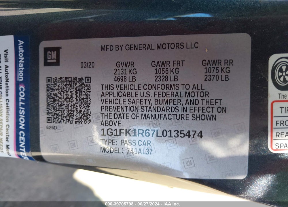 2020 CHEVROLET CAMARO RWD ZL1 VIN: 1G1FK1R67L0135474
