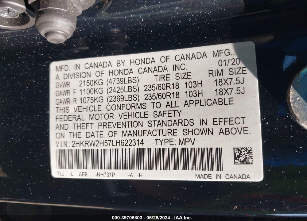2020 HONDA CR-V AWD EX VIN: 2HKRW2H57LH622314