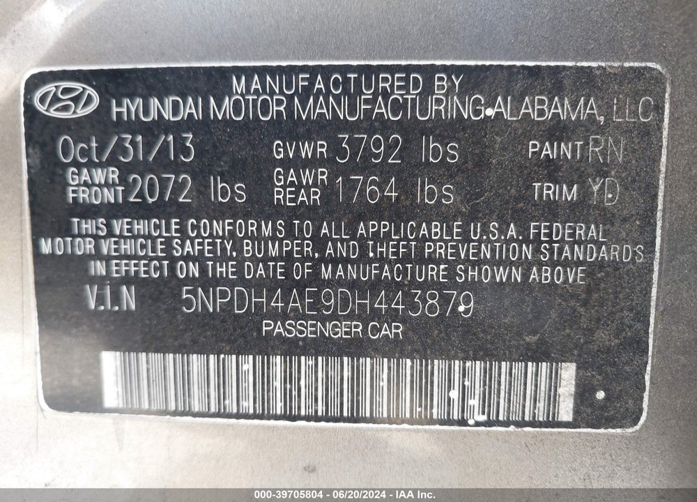 2013 HYUNDAI ELANTRA LIMITED VIN: 5NPDH4AE9DH443879