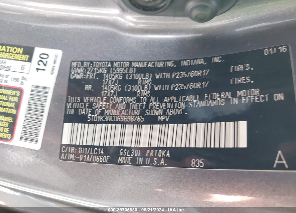 2016 TOYOTA SIENNA XLE 8 PASSENGER VIN: 5TDYK3DC0GS698765