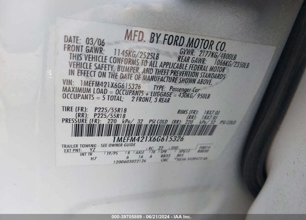 2006 MERCURY MONTEGO PREMIER VIN: 1MEFM421X6G615326