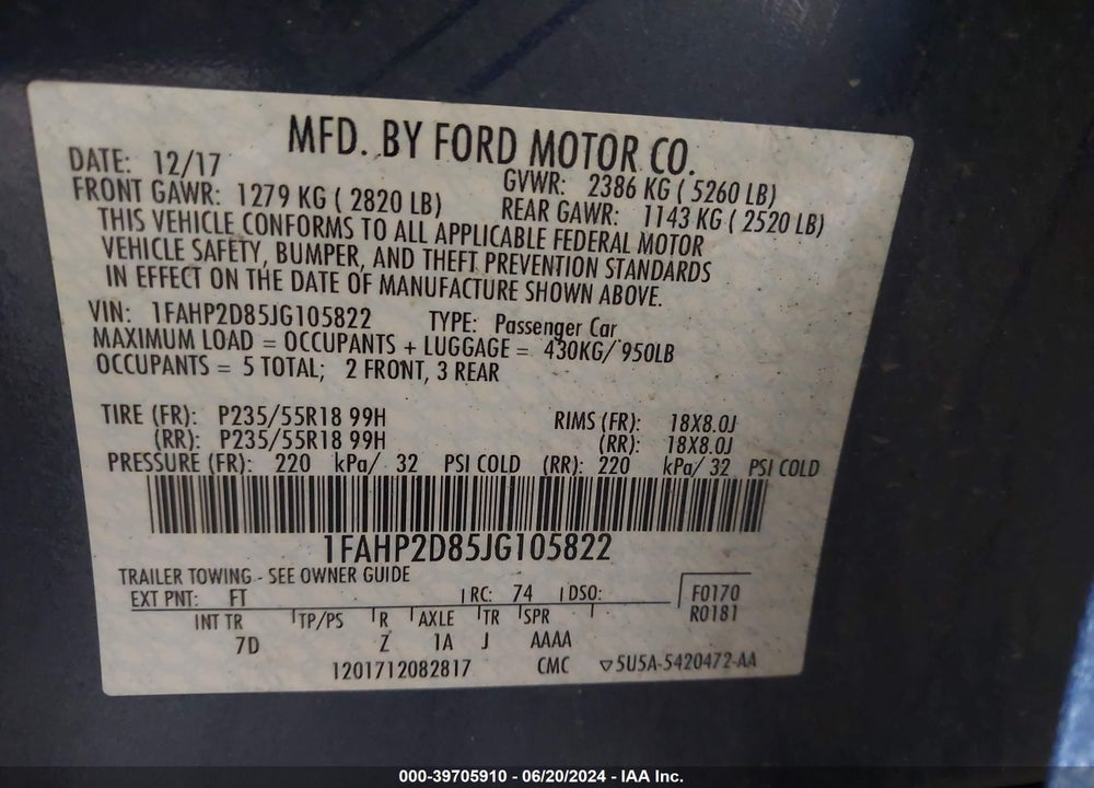 2018 FORD TAURUS VIN: 1FAHP2D85JG105822