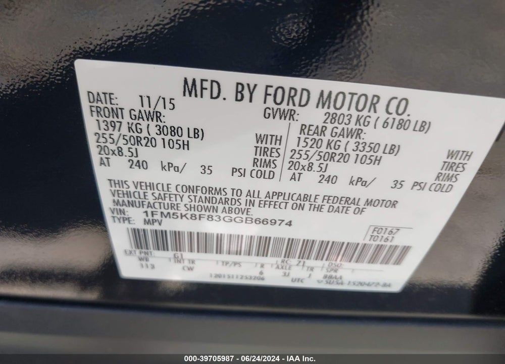 2016 FORD EXPLORER VIN: 1FM5K8F83GGB66974