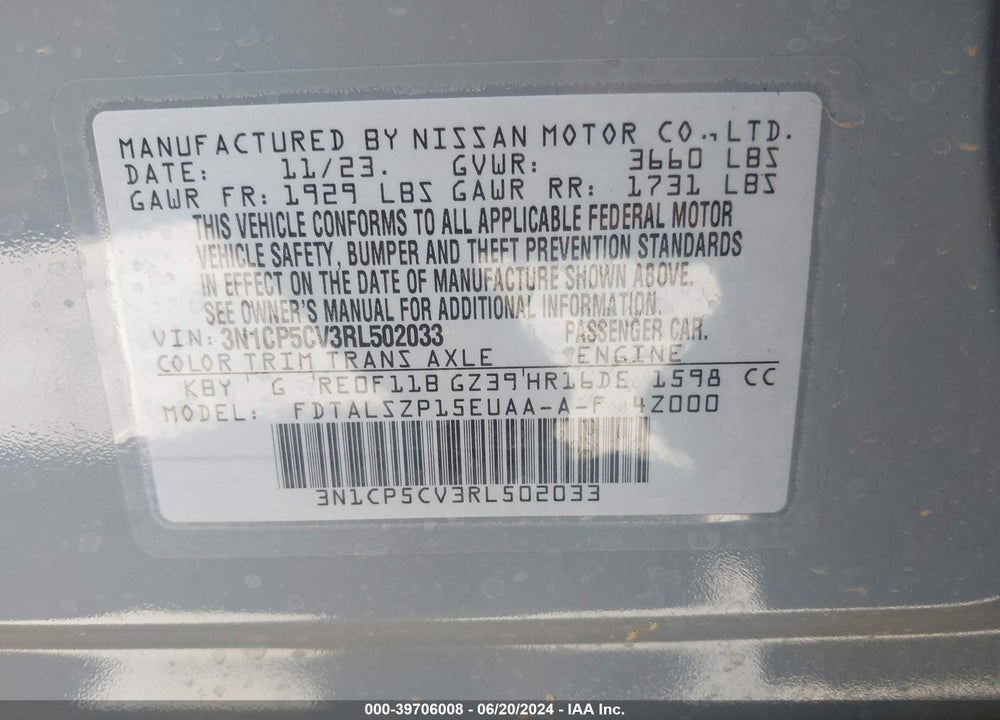 2024 NISSAN KICKS VIN: 3N1CP5CV3RL502033