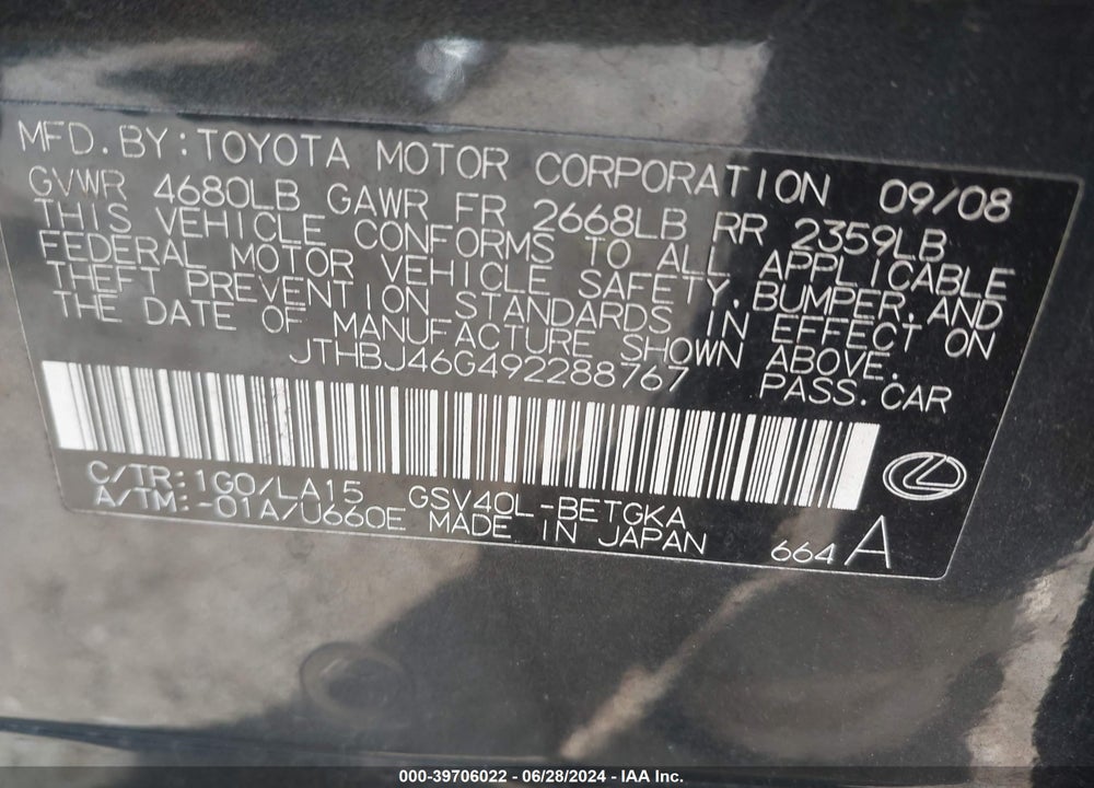 2009 LEXUS ES 350 VIN: JTHBJ46G492288767