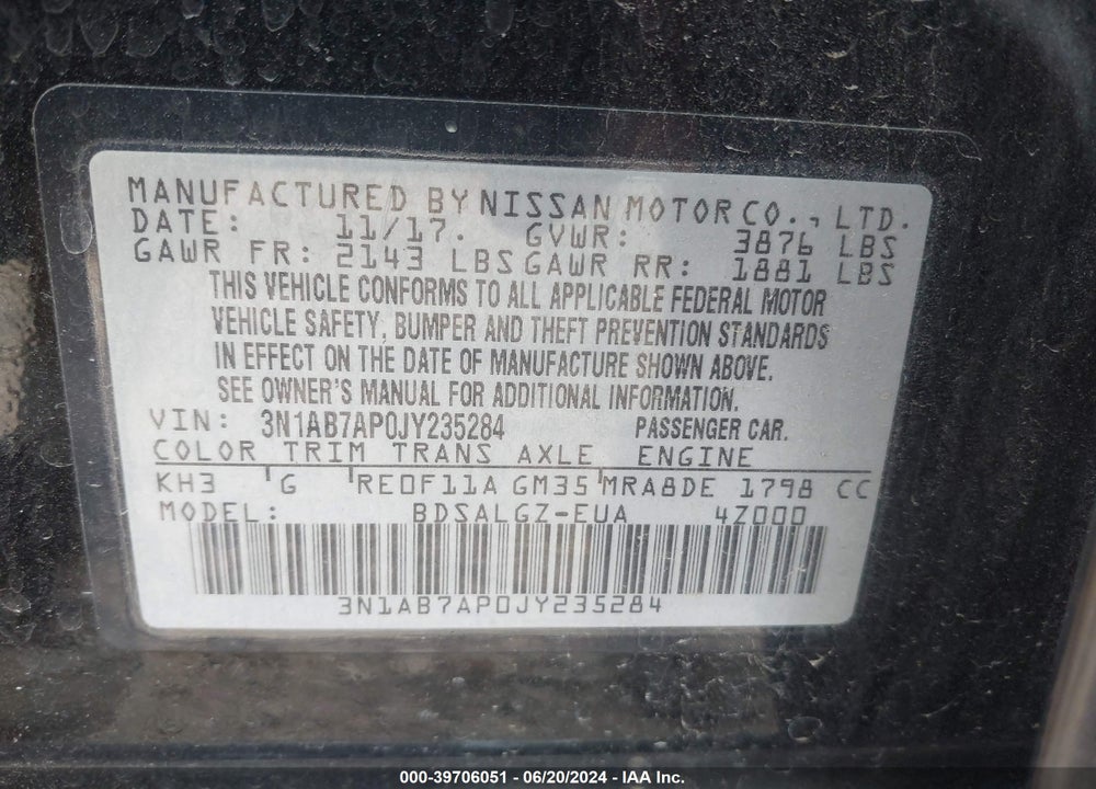 2018 NISSAN SENTRA SL VIN: 3N1AB7AP0JY235284