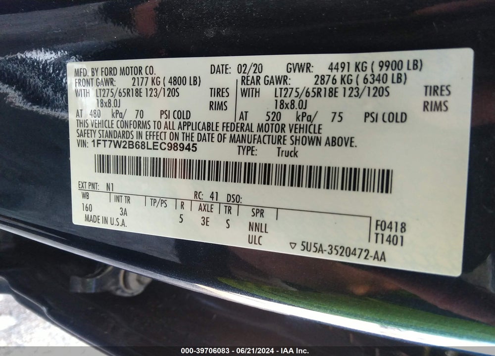 2020 FORD F-250 XLT VIN: 1FT7W2B68LEC98945