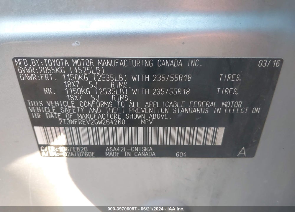 2016 TOYOTA RAV4 SE VIN: 2T3NFREV2GW264260