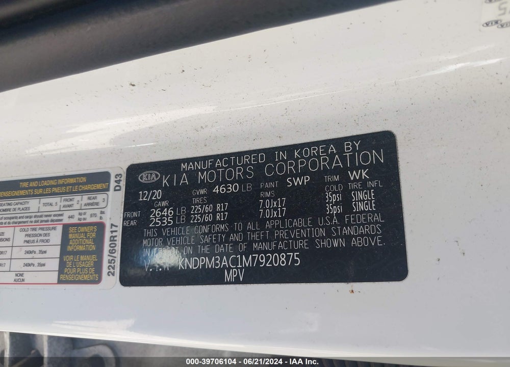 2021 KIA SPORTAGE LX VIN: KNDPM3AC1M7920875