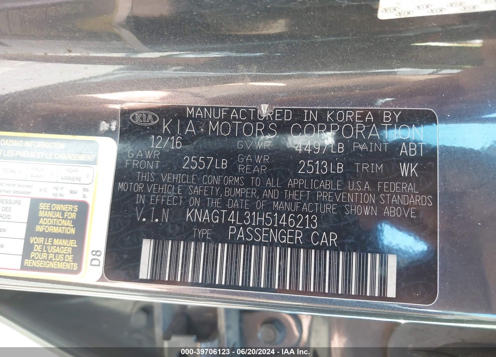 2017 KIA OPTIMA LX VIN: KNAGT4L31H5146213