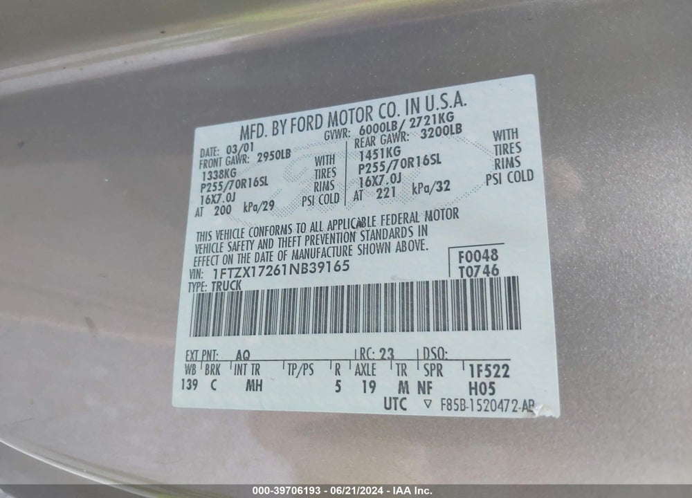 2001 FORD F-150 XL/XLT VIN: 1FTZX17261NB39165