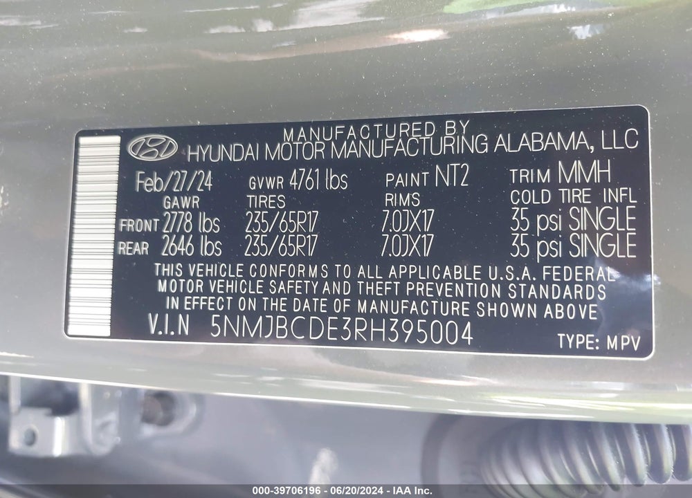2024 HYUNDAI TUCSON SEL VIN: 5NMJBCDE3RH395004