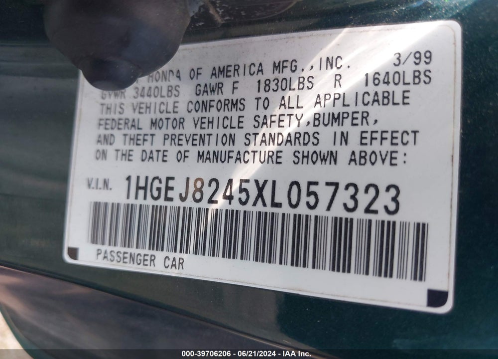 1999 HONDA CIVIC VIN: 1HGEJ8245XL057323