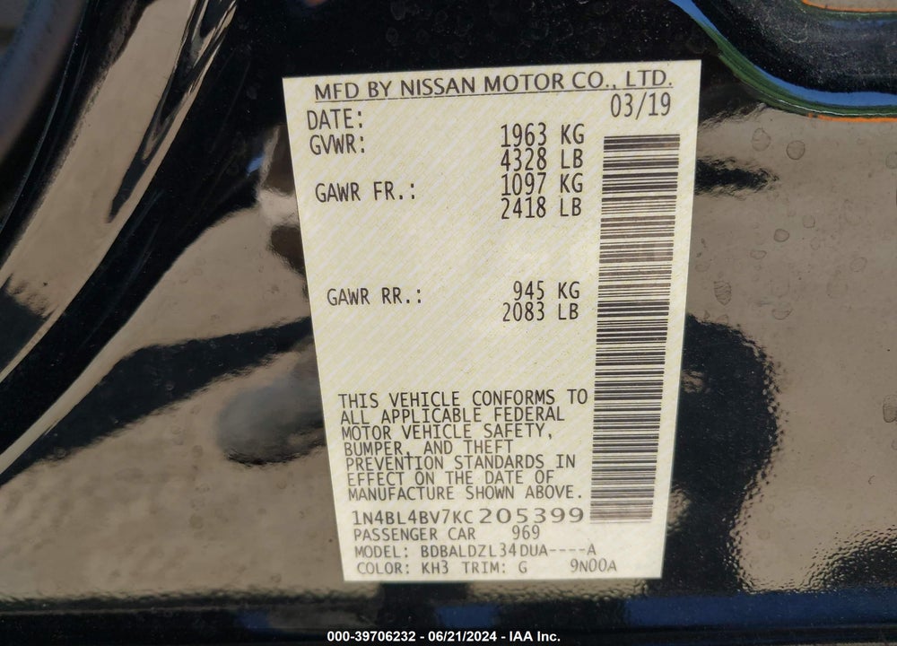 2019 NISSAN ALTIMA VIN: 1N4BL4BV7KC205399