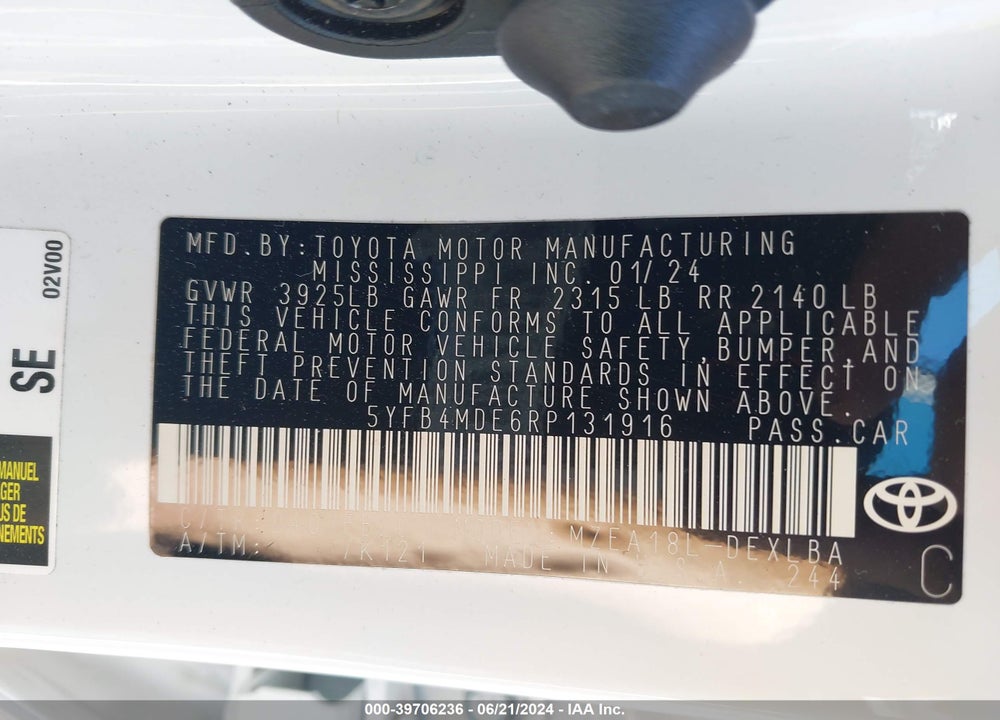 2024 TOYOTA COROLLA LE VIN: 5YFB4MDE6RP131916