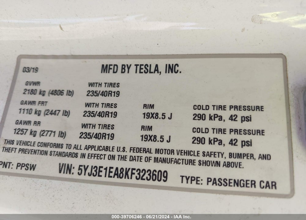2019 TESLA MODEL 3 LONG RANGE/MID RANGE/STANDARD RANGE/STANDARD RANGE PLUS VIN: 5YJ3E1EA8KF323609