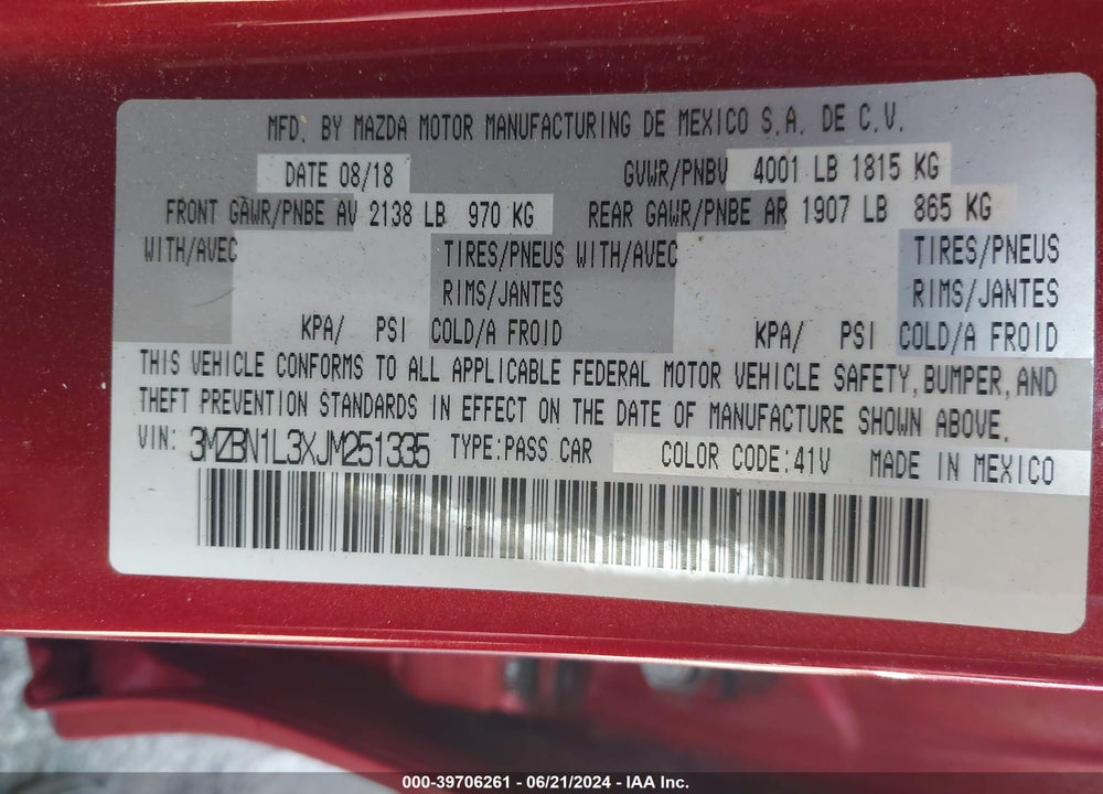 2018 MAZDA 3 TOURING VIN: 3MZBN1L3XJM251335