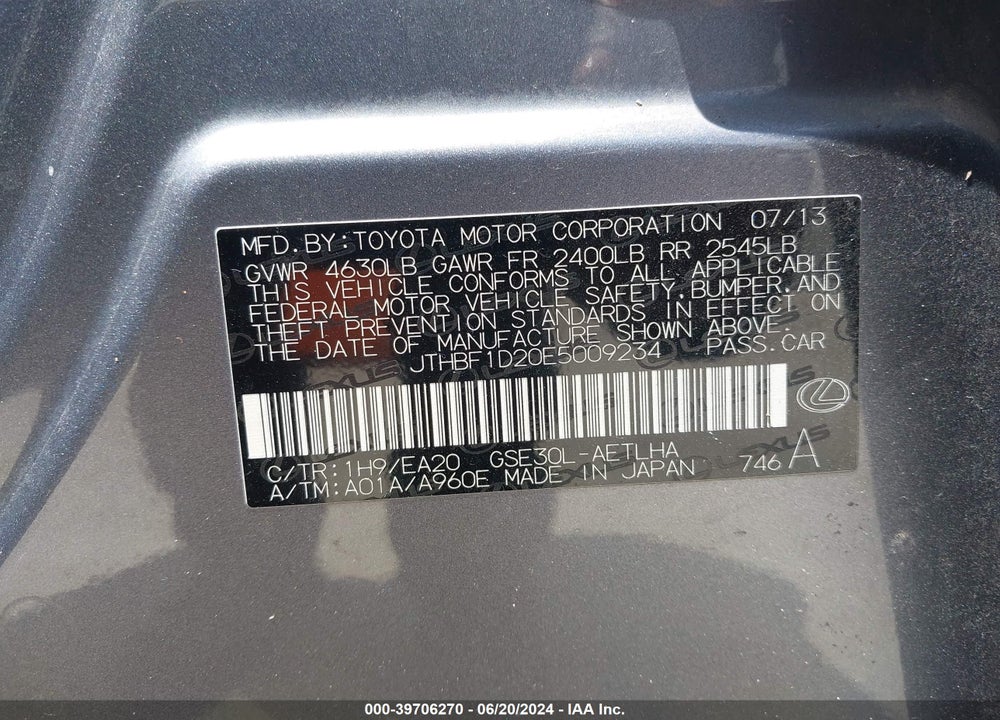 2014 LEXUS IS 250 VIN: JTHBF1D20E5009234