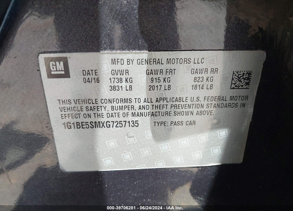 2016 CHEVROLET CRUZE LT AUTO VIN: 1G1BE5SMXG7257135