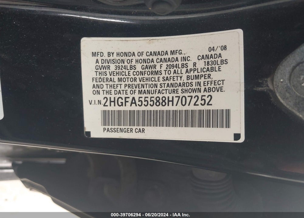 2008 HONDA CIVIC VIN: 2HGFA55588H707252