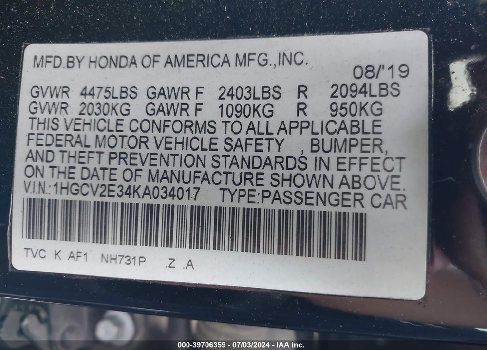 2019 HONDA ACCORD SPORT 2.0T VIN: 1HGCV2E34KA034017