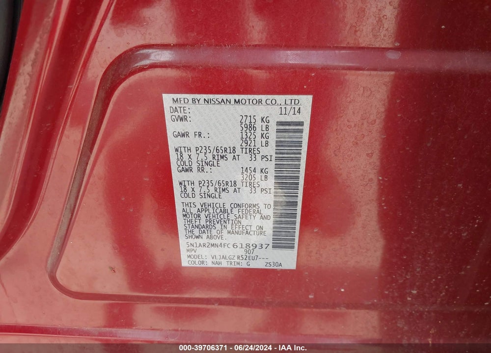 2015 NISSAN PATHFINDER SL VIN: 5N1AR2MN4FC618937
