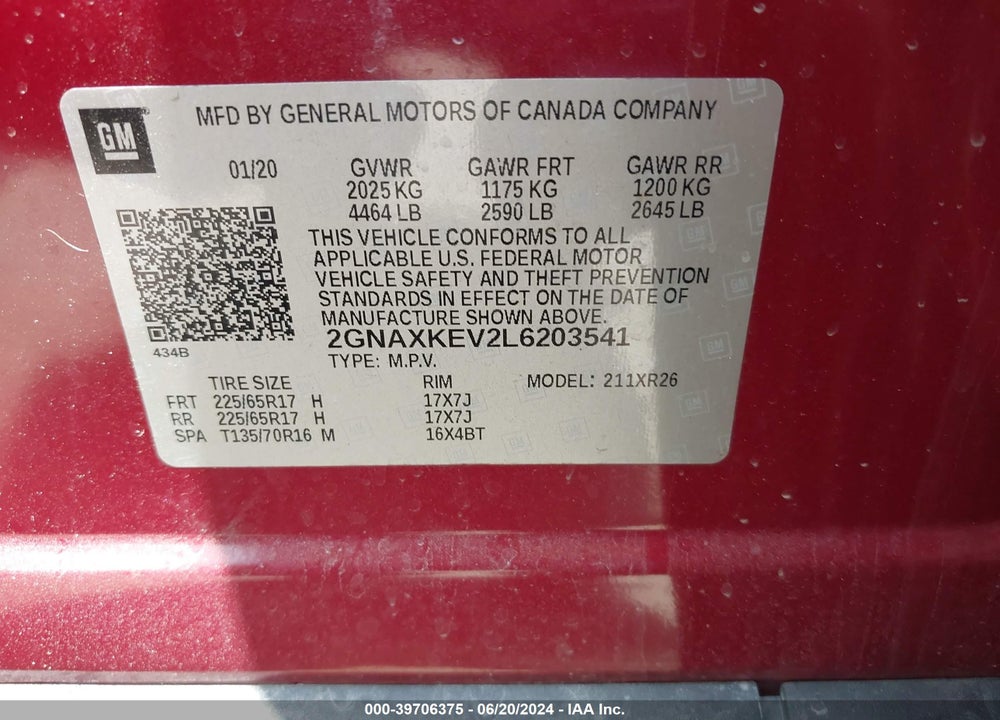 2020 CHEVROLET EQUINOX FWD LT 1.5L TURBO VIN: 2GNAXKEV2L6203541
