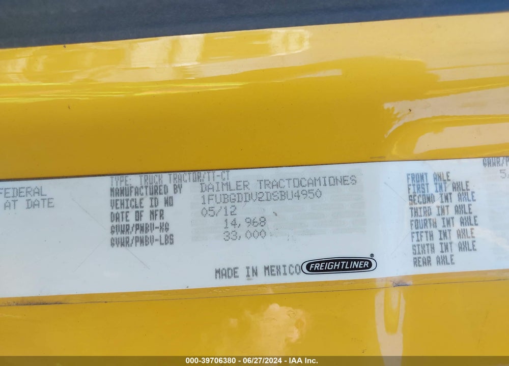 2013 FREIGHTLINER CASCADIA 125 VIN: 1FUBGDDV2DSBU4950