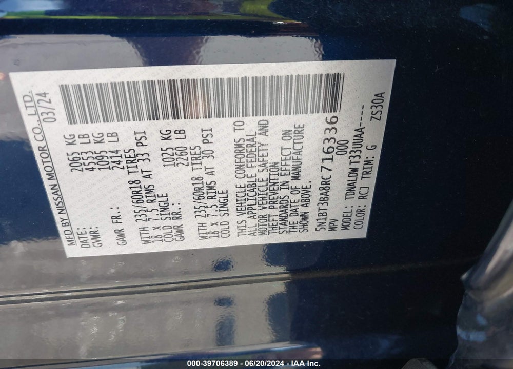 2024 NISSAN ROGUE SV FWD VIN: 5N1BT3BA8RC716336
