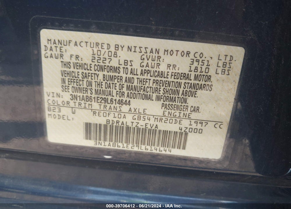 2009 NISSAN SENTRA 2.0S VIN: 3N1AB61E29L614644