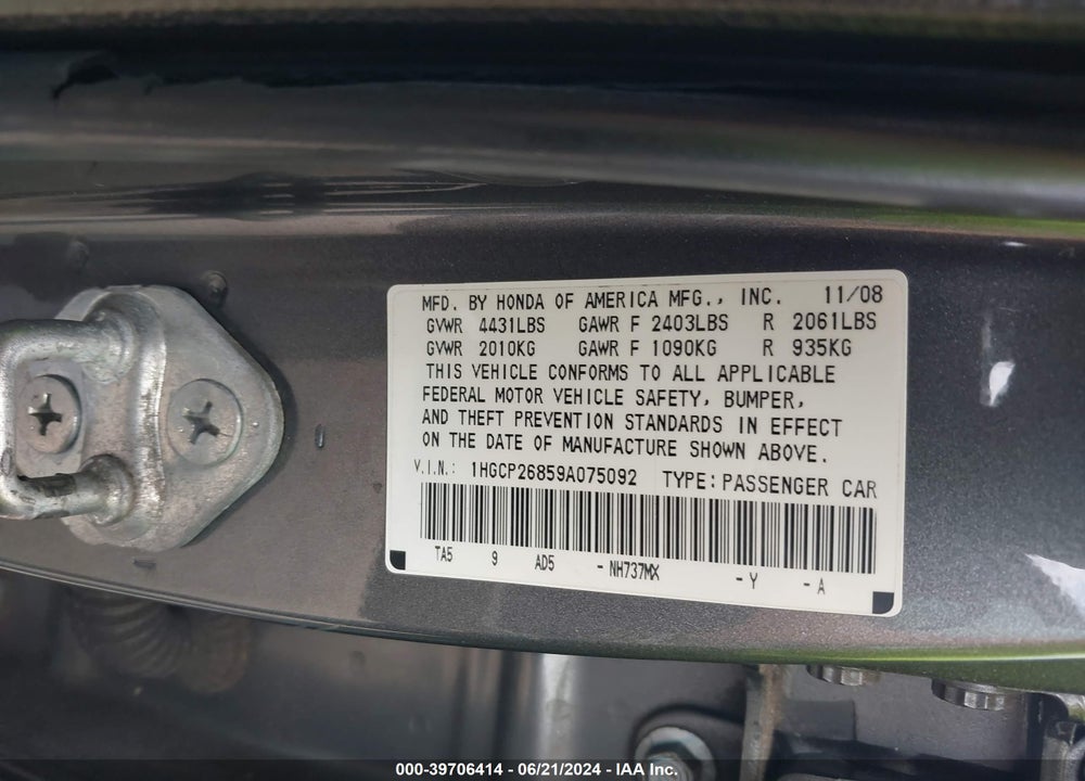 2009 HONDA ACCORD 2.4 EX-L VIN: 1HGCP26859A075092