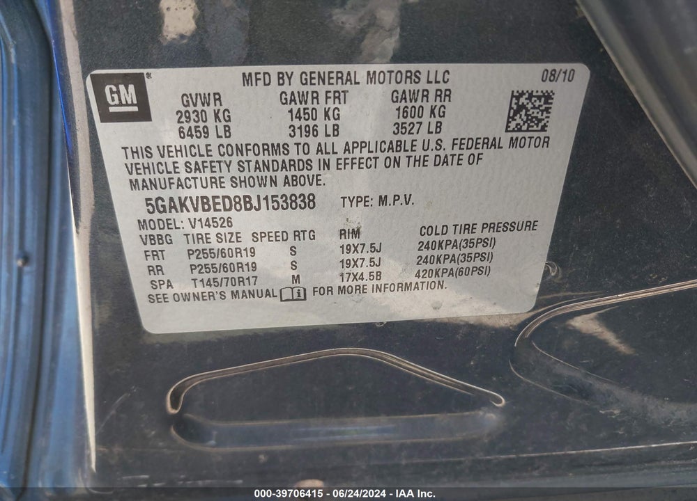 2011 BUICK ENCLAVE 1XL VIN: 5GAKVBED8BJ153838