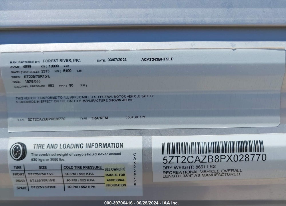 2023 COACHMEN CATALINA VIN: 5ZT2CAZB8PX028770
