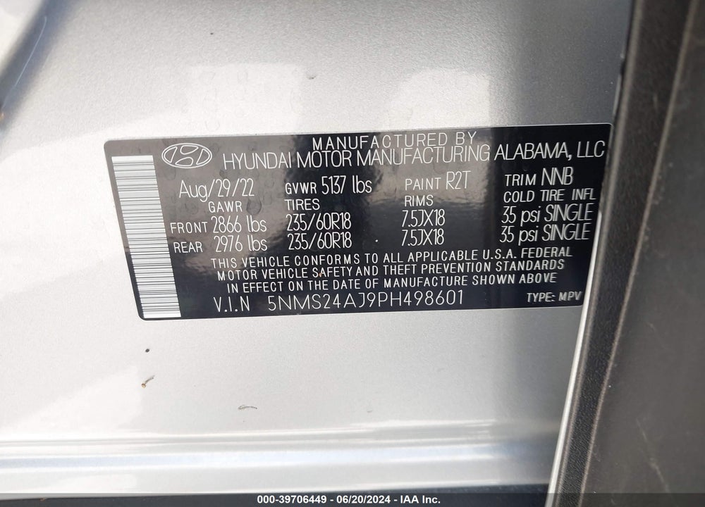2023 HYUNDAI SANTA FE VIN: 5NMS24AJ9PH498601